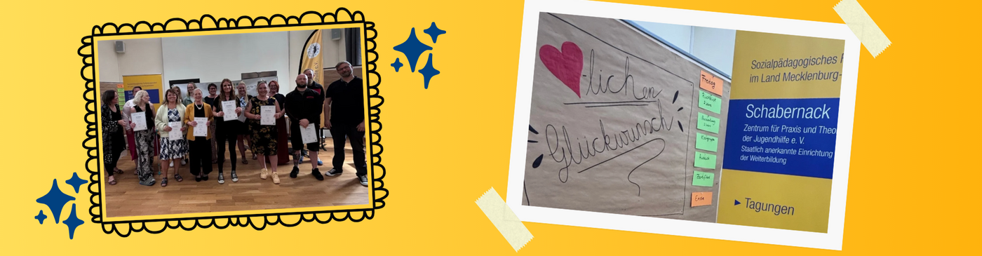 Eine Collage mit zwei Bildern. Eine Gruppe von Menschen, die fröhlich ihre Zertifikate hochhalten. Ein Schriftzug auf einem Flipchart: Herzlichen Glückwunsch