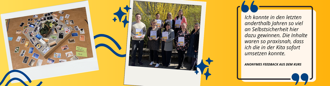 Impressionen aus dem Kurs: ein Gruppenfoto und Feedback.