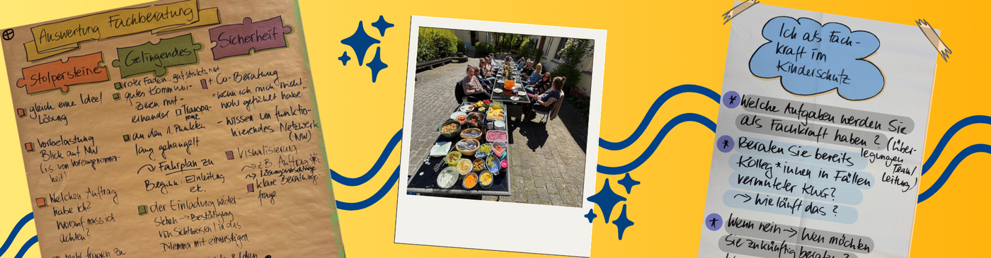 Impressionen vom Kurs: Flipcharts mit Themen des Kurses und ein Gruppenbild.