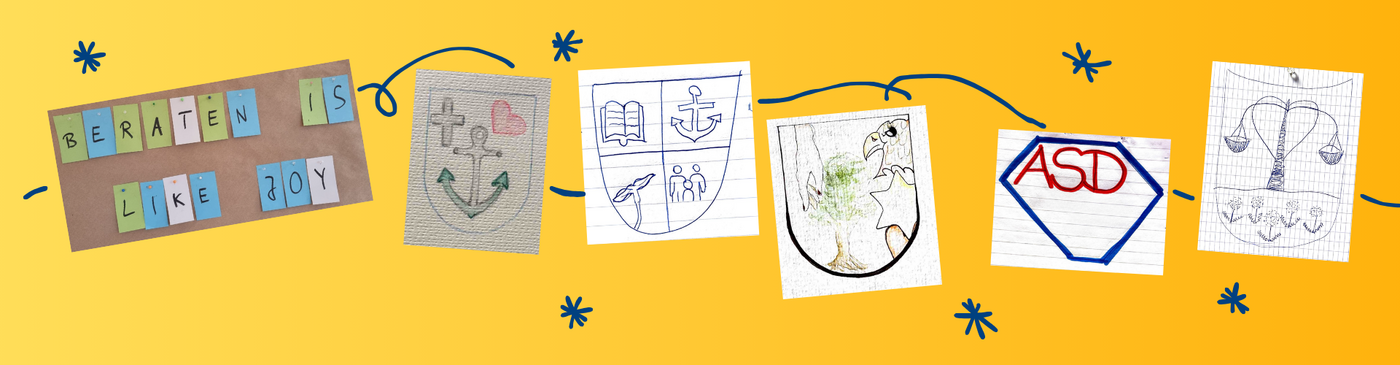 Im Kurs entstandene, handgezeichnete Bilder von Wappen zum Thema "Mein persönliches ASD-Wappen". Verschiedene handgezeichnete Bilder von Wappen zum Thema "Mein persönliches ASD-Wappen"
